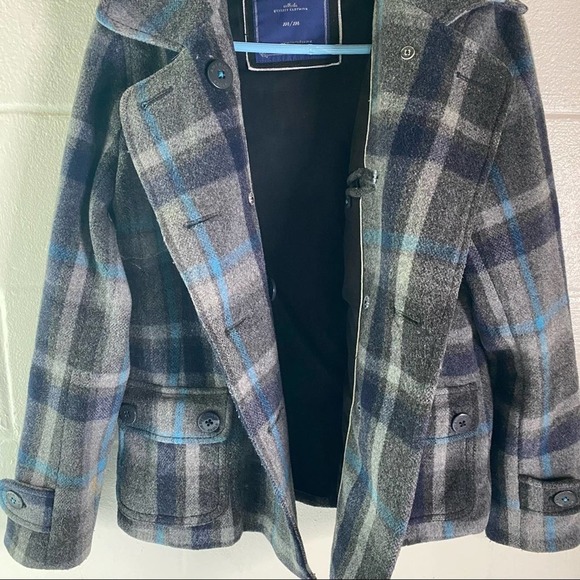 American Eagle wool plaid jacket coat sz medium Gray blue - Picture 7 of 11